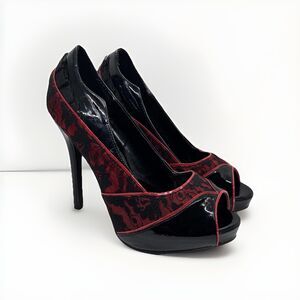 ELLE Women Peep Toe Heels Red Black Lace Stiletto Platform Dress Shoes  7.5